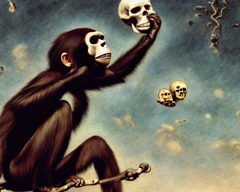 Surreal chimpanzee artwork with skull and bones in starry sky