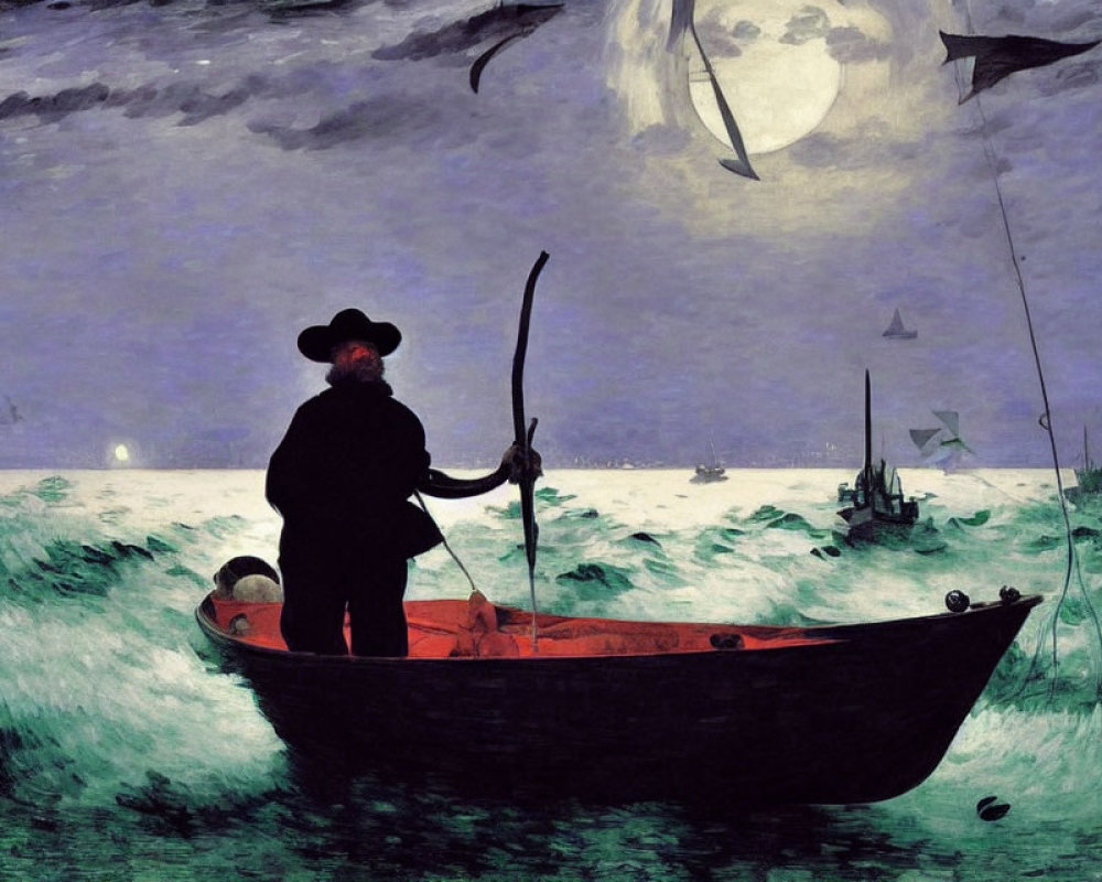 Moonlit Night Fishing Scene with Fisherman in Rowboat