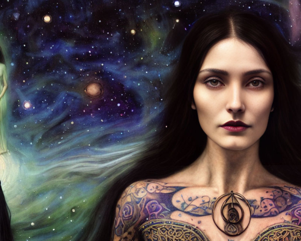 Dark-haired woman with ornate tattoos in cosmic scene with ghostly figure