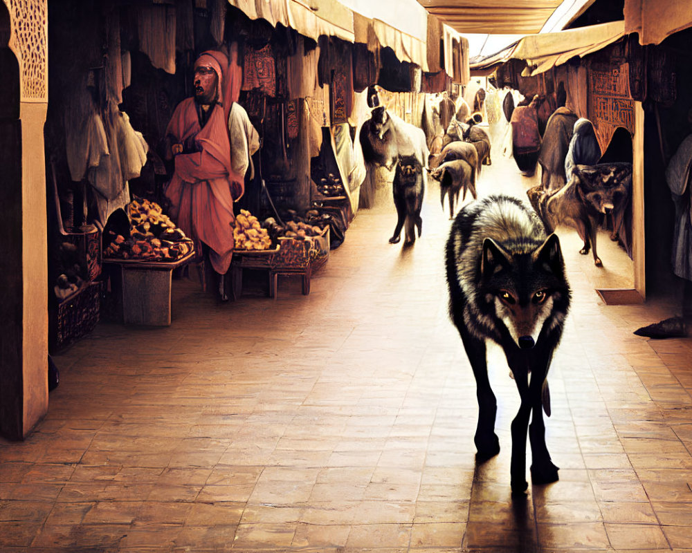 Vibrant market alley scene with various stalls, a merchant, and a wolf in the foreground.