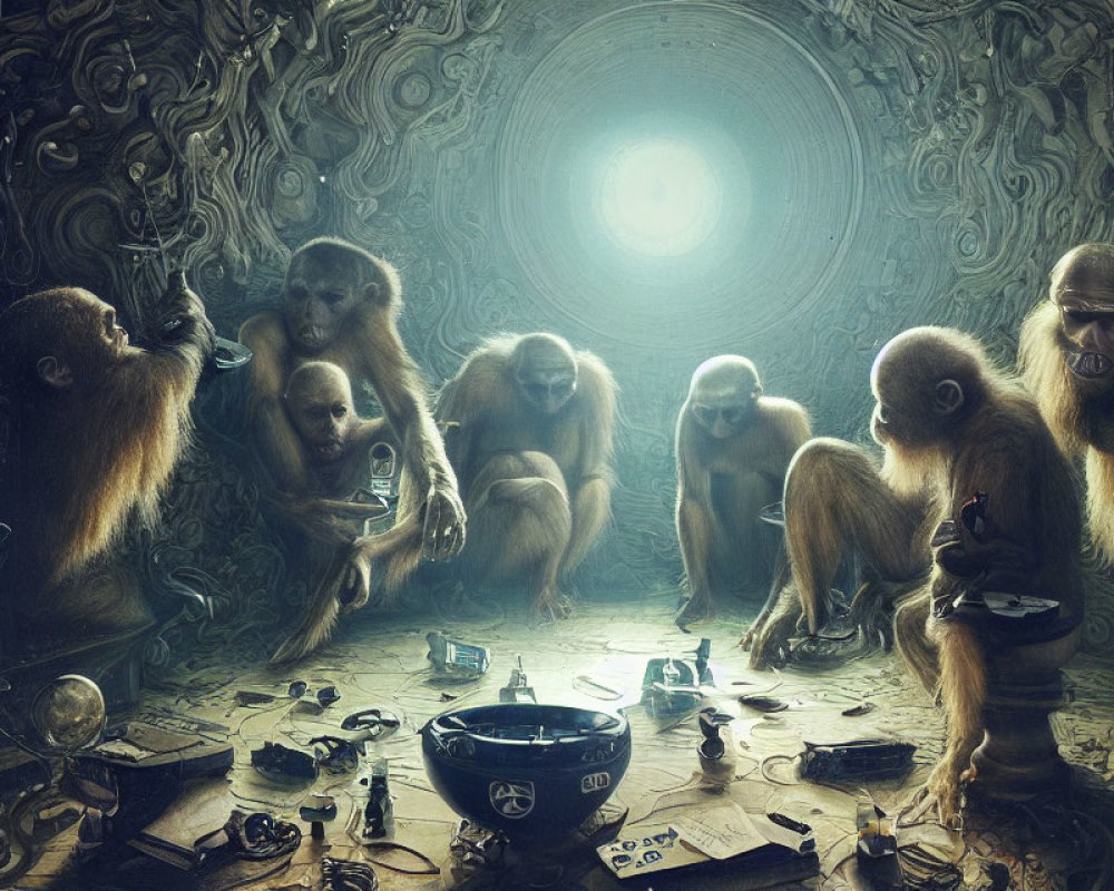 Monkeys contemplating scientific and mystical objects in illuminated room