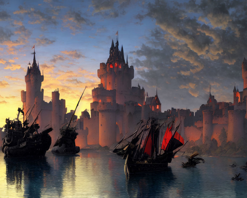Medieval castle at sunset with water walls, red-sailed ships, and rowboats