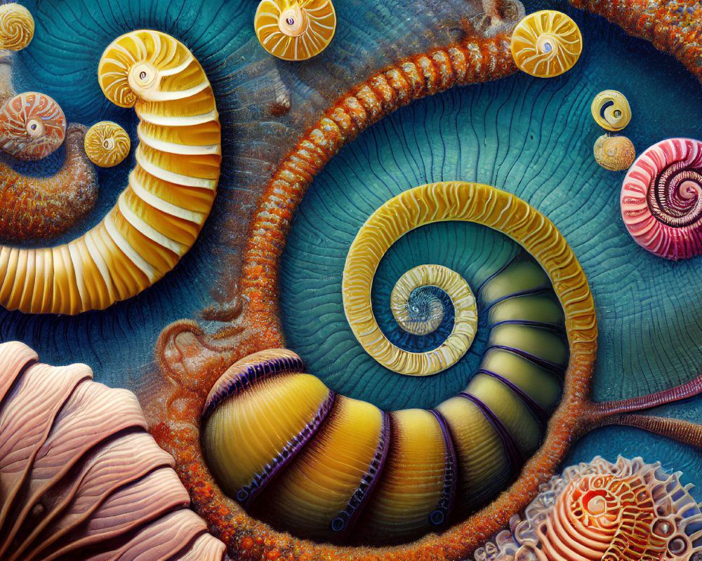 Colorful Sea Shells and Ammonite Fossils Illustration on Textured Blue Background
