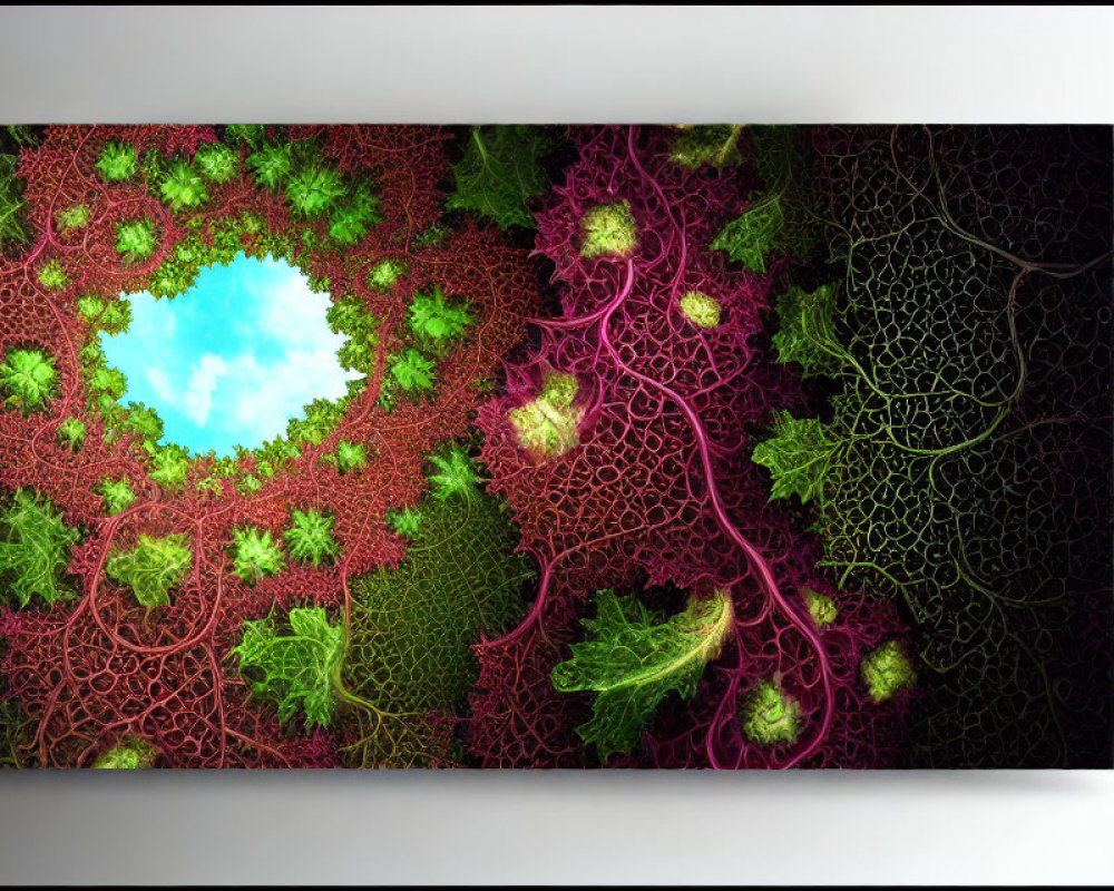 Colorful digital artwork: Microscopic plant cell patterns in red, green, and blue