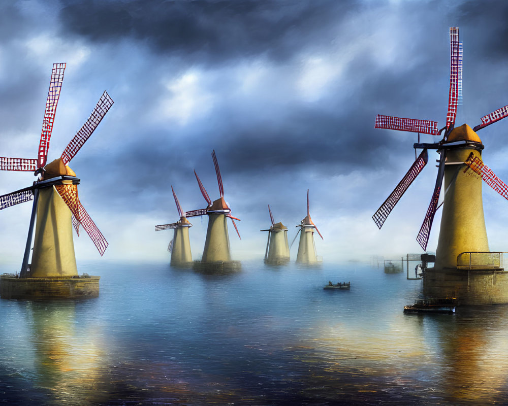 Traditional windmills with red vanes in misty landscape