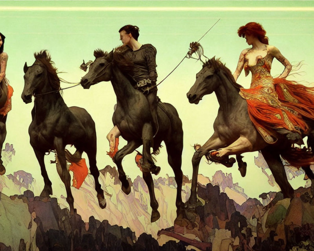 Three people on horseback in black, red, and stylized backdrop