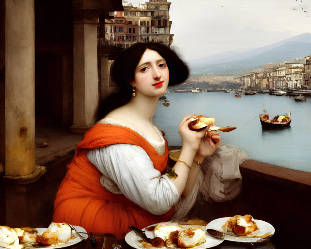Historically dressed woman eating fruit by sea harbor and Mt. Vesuvius.