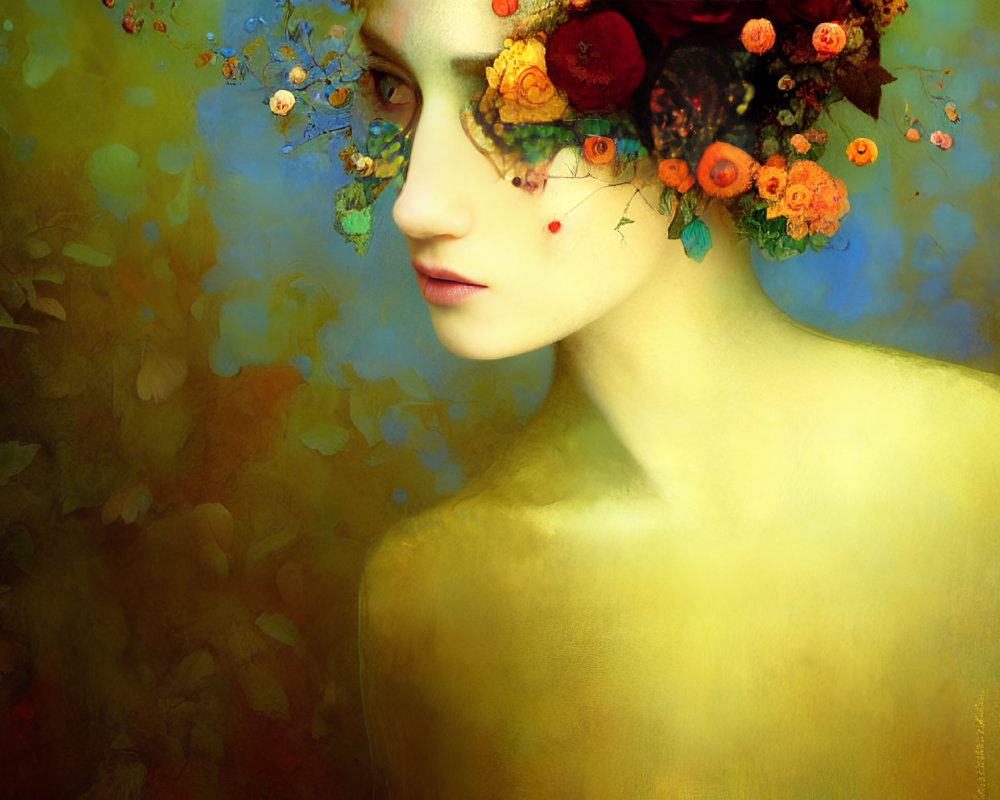 Woman with Floral Headpiece on Colorful Textured Background