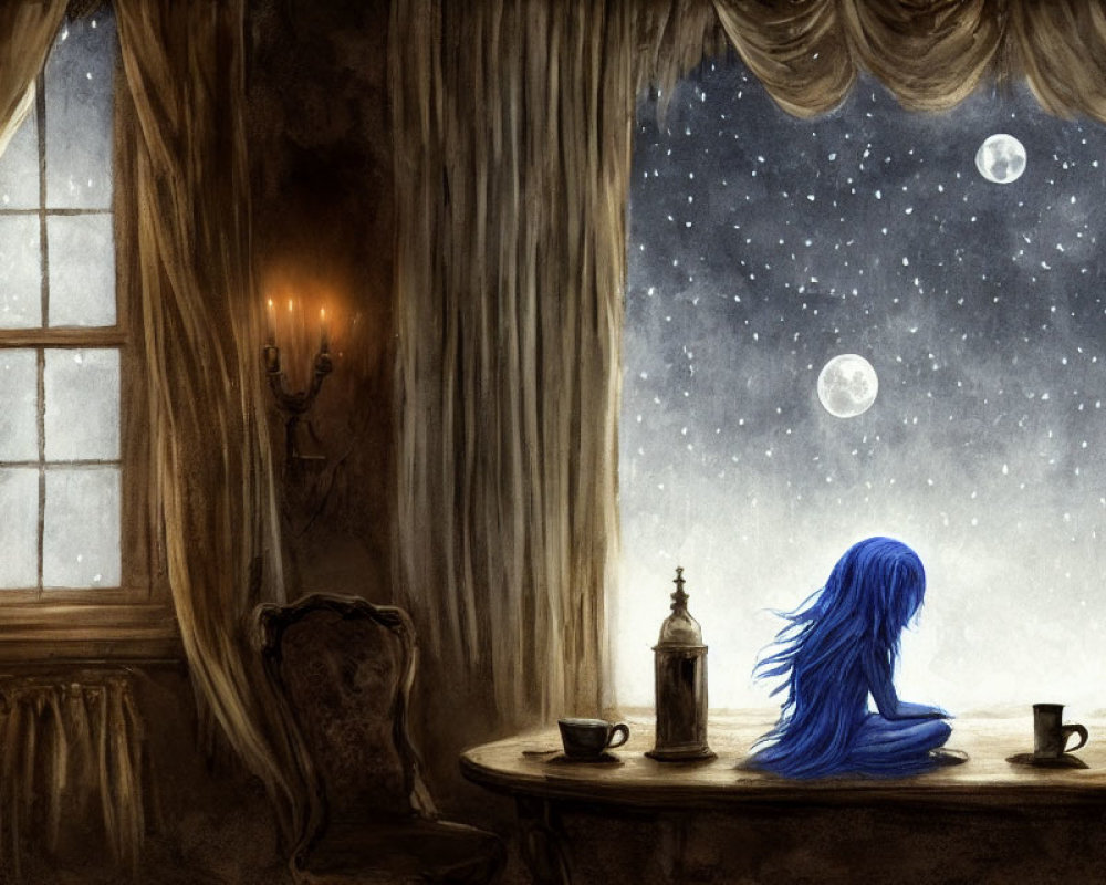 Surreal artwork of figure with blue hair at wooden table under starry night sky