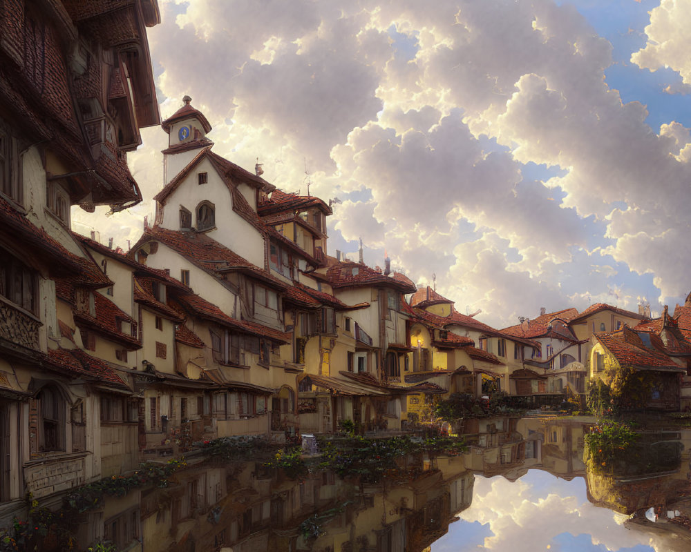 Charming old European village with half-timbered houses by calm canal at sunset
