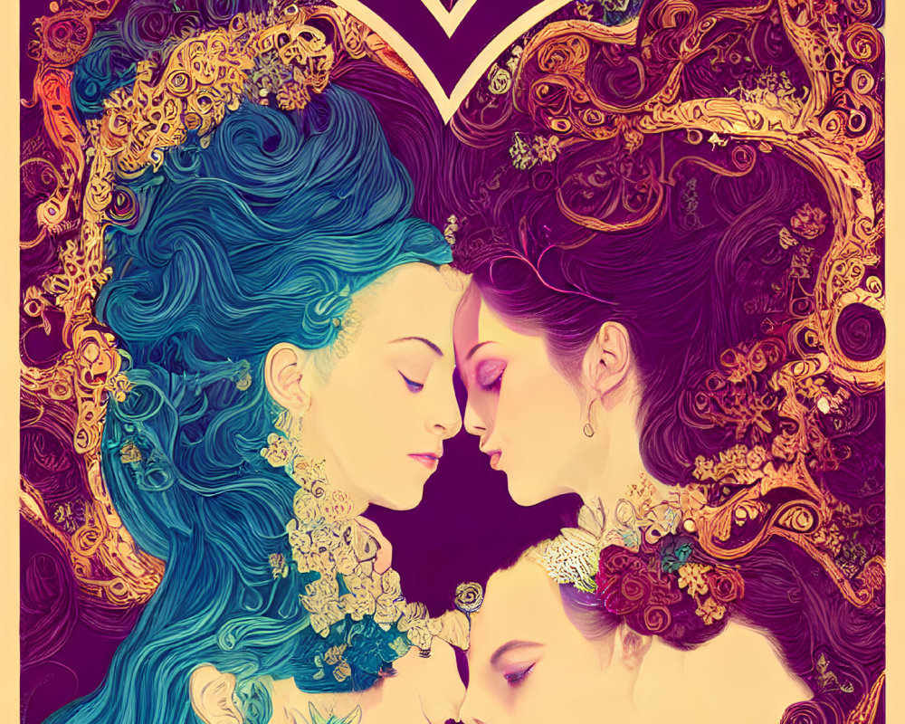Illustration of two women with ornate hairstyles forming a heart shape on vibrant background