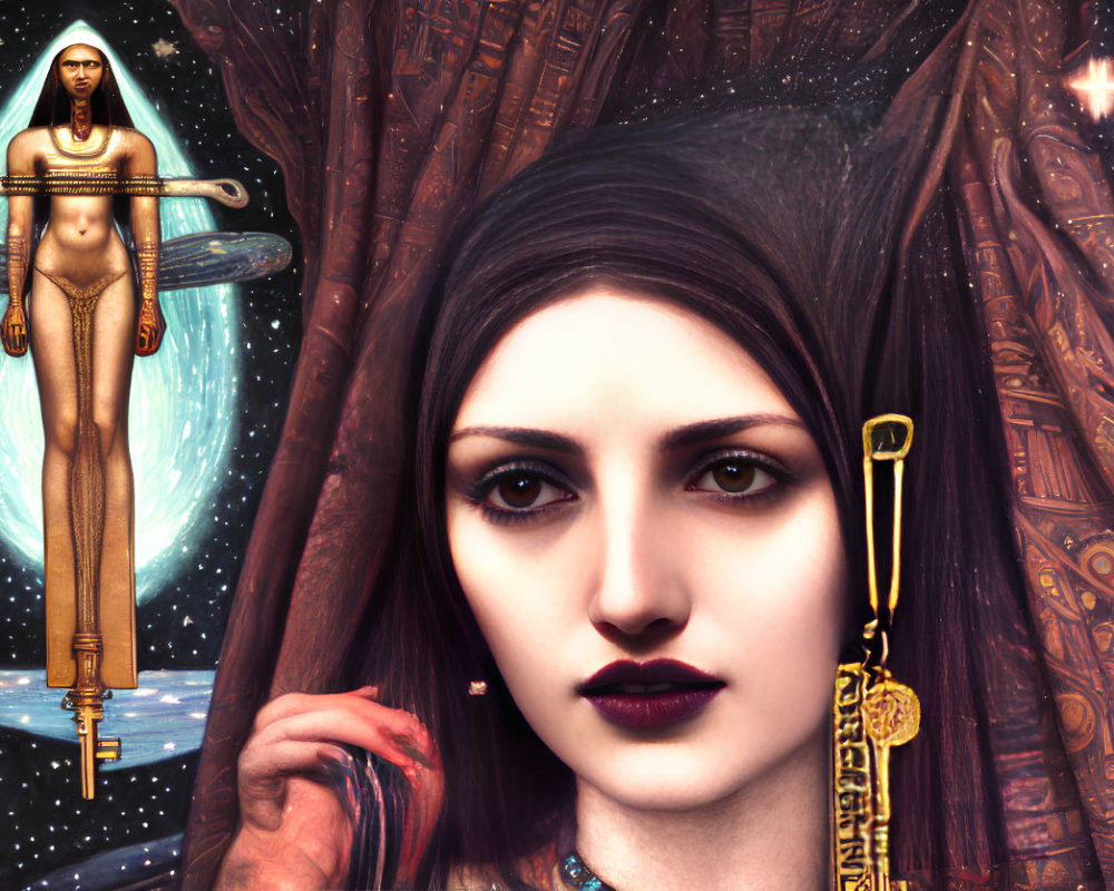 Fantastical image of woman, Egyptian figure, cosmic backdrop, symbols, and towering tree