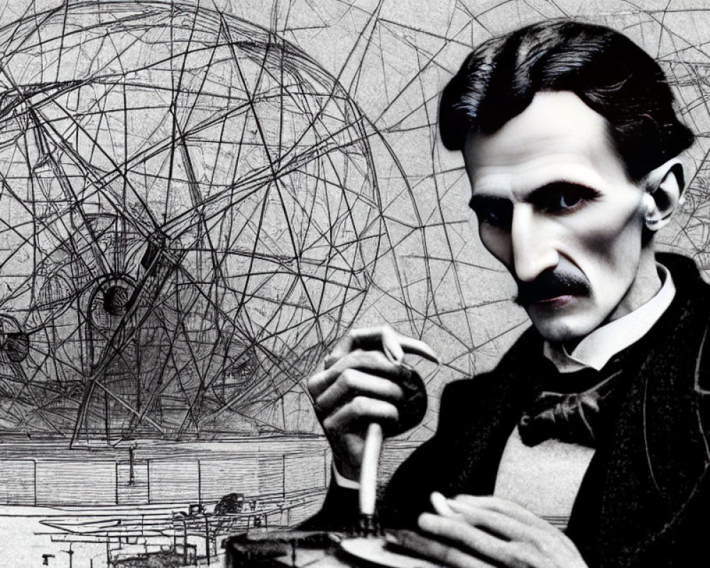 Monochromatic illustration of a man with a mustache working on a device surrounded by intricate mechanical designs