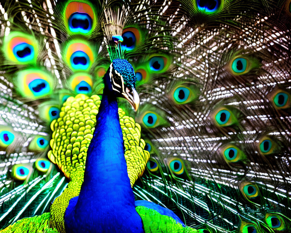 Colorful Peacock showcasing iridescent tail feathers with eye-like patterns