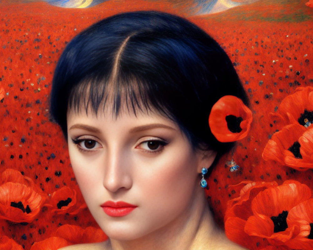 Woman with Black Hair and Blue Earrings Among Vibrant Red Poppies