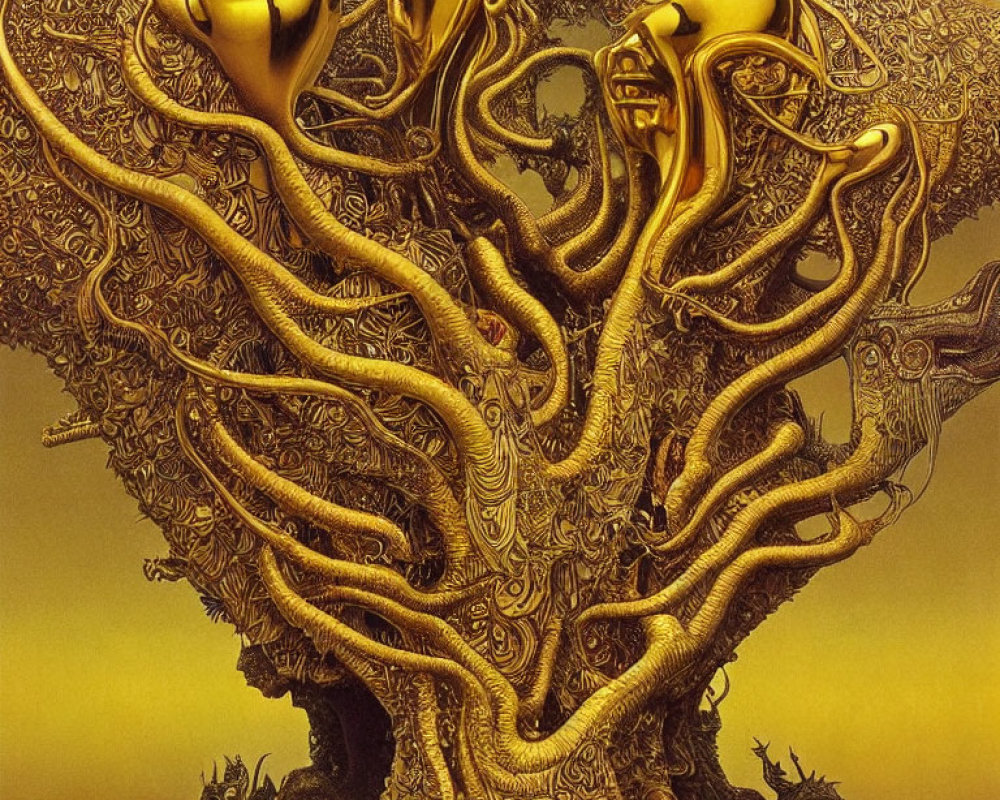 Surrealist golden tree with humanoid branches on warm backdrop