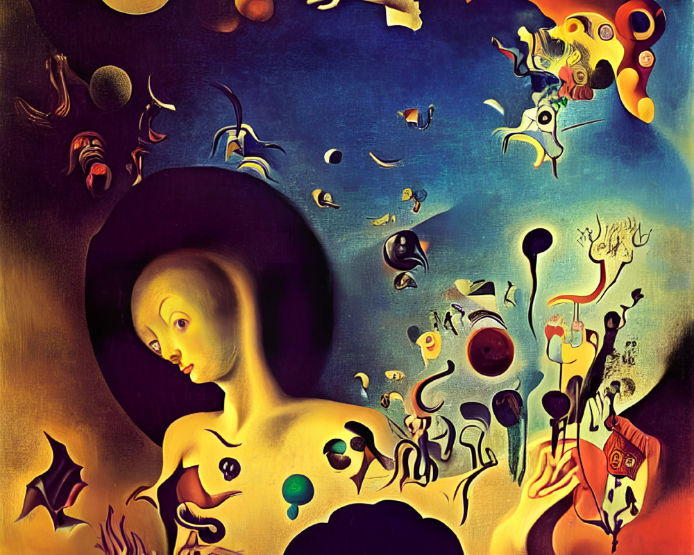 Surreal painting with central figure and dream-like elements against vibrant backdrop