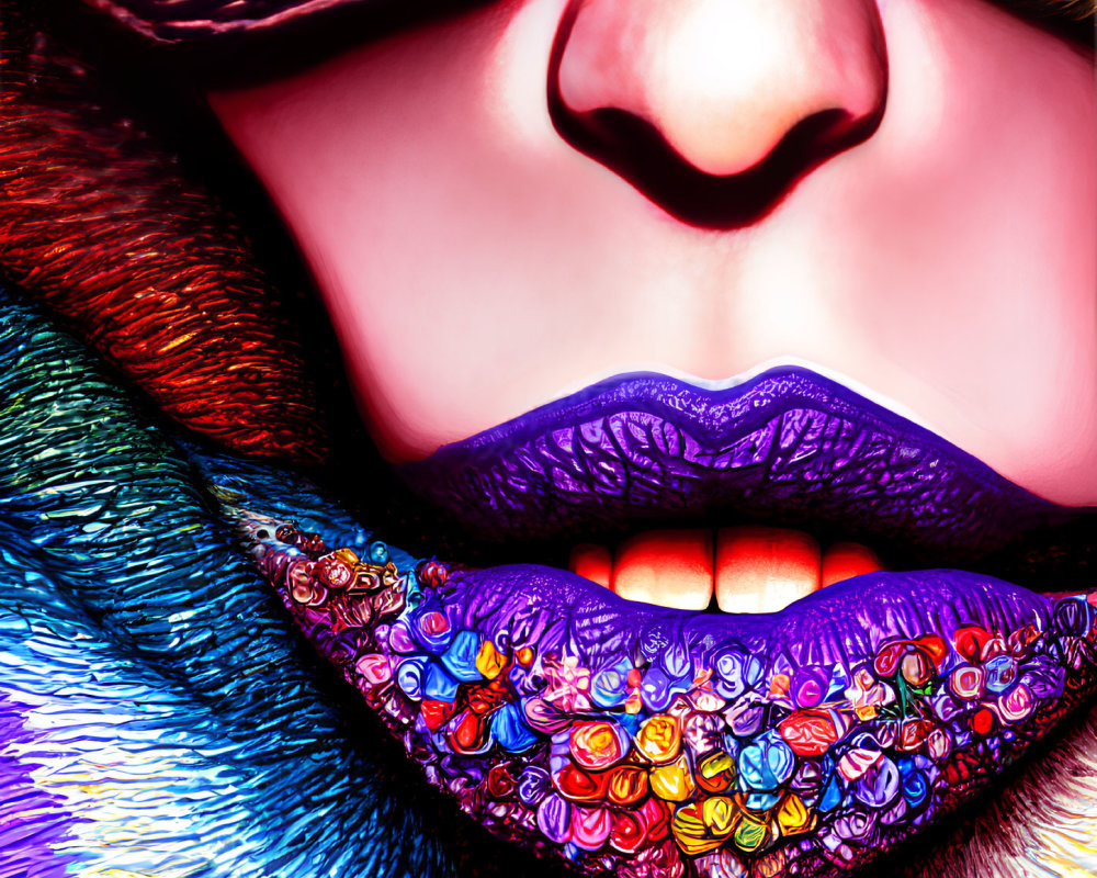 Vividly colored lips with glossy bead-like textures and rainbow fur collar and purple hat.