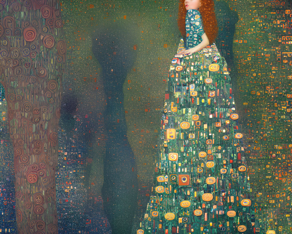 Pointillist painting of woman in ornate dress near tree with elongated shadow