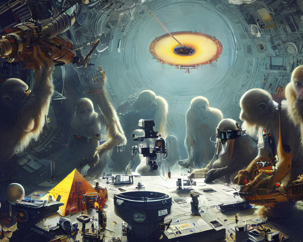 Futuristic spacecraft control room with monkeys and advanced technology