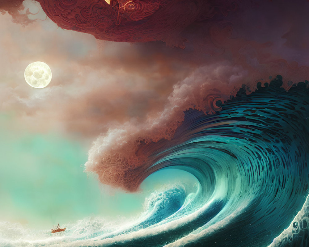 Surreal artwork: massive wave, boat, full moon, ornate clouds with face hints