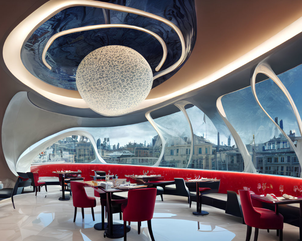 Modern restaurant interior with oval shapes, red and white colors, unique lighting, and city views