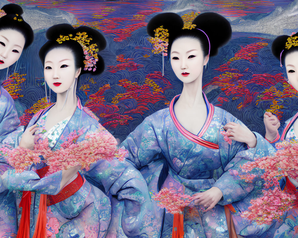 Four women in traditional Japanese kimonos with pink flowers, vibrant floral backdrop