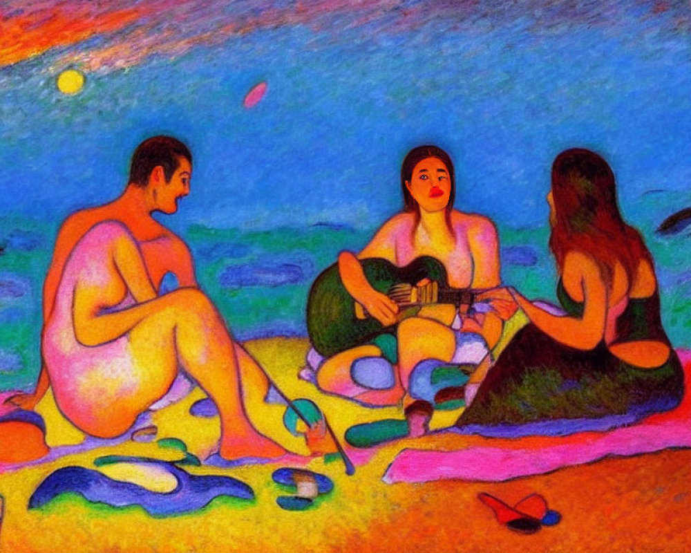 Vibrant post-impressionist beach scene with three people