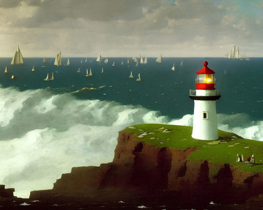 Scenic lighthouse on cliff overlooking sea with sailboats