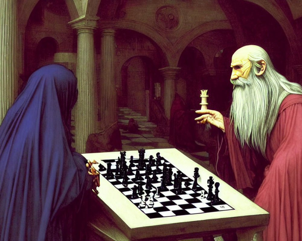Two cloaked figures playing chess in a grand hall with checkered floor.