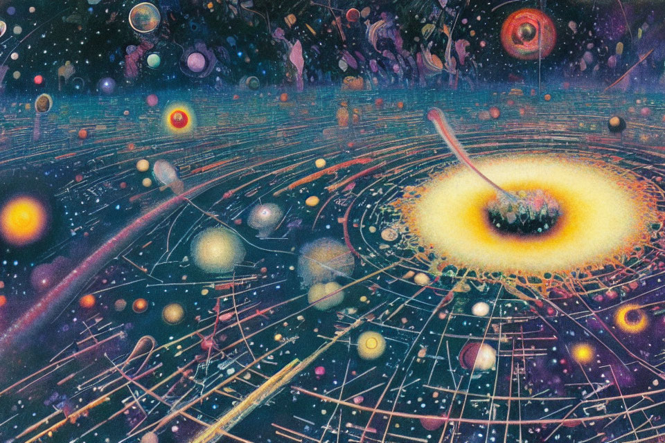 Colorful Cosmic Illustration Featuring Black Hole and Celestial Objects