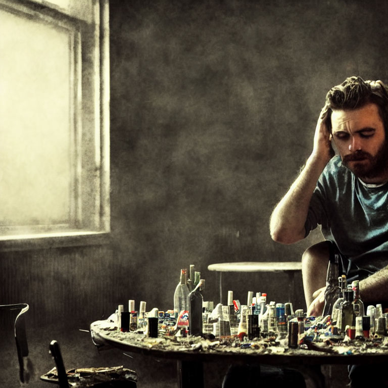 Pensive man at cluttered table in dimly lit room