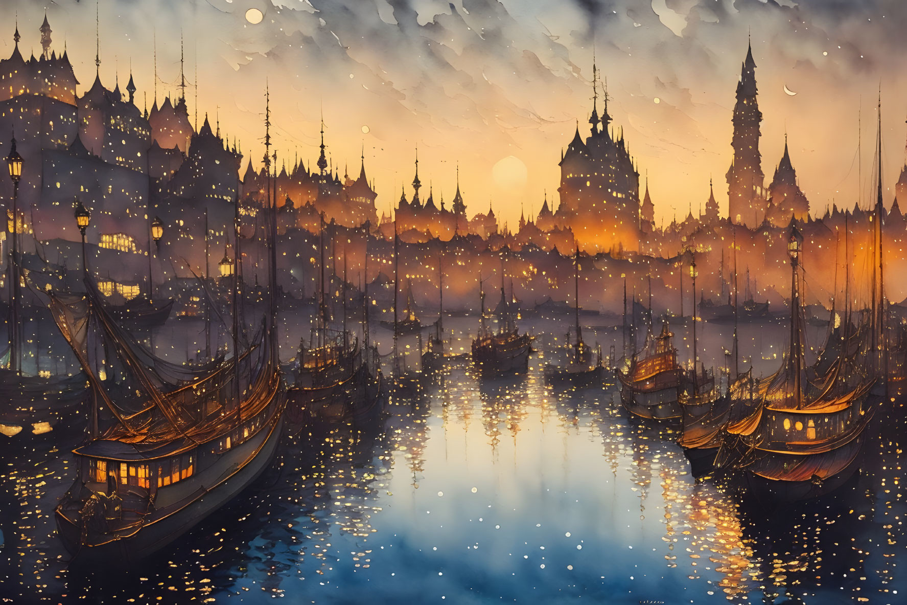 Fantasy cityscape at dusk with silhouetted spires and glowing lights