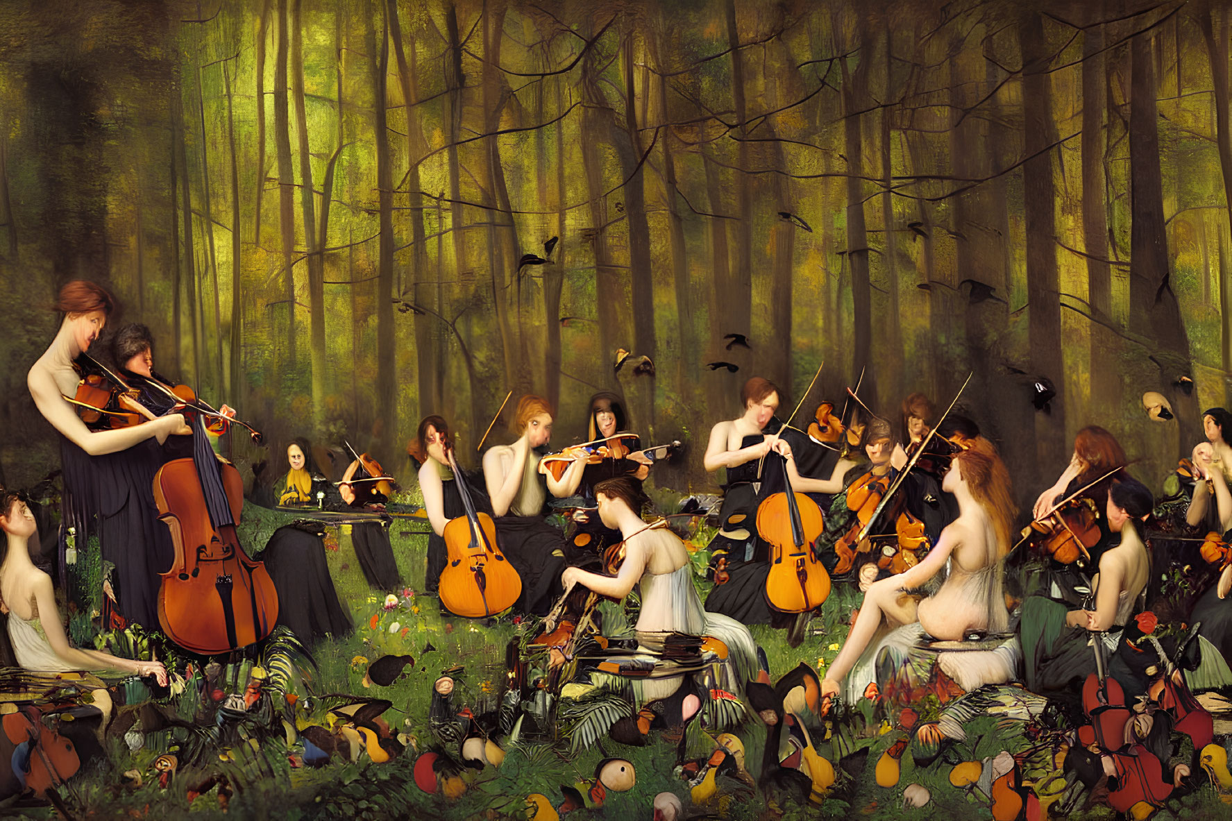 Ethereal women playing string instruments in whimsical forest