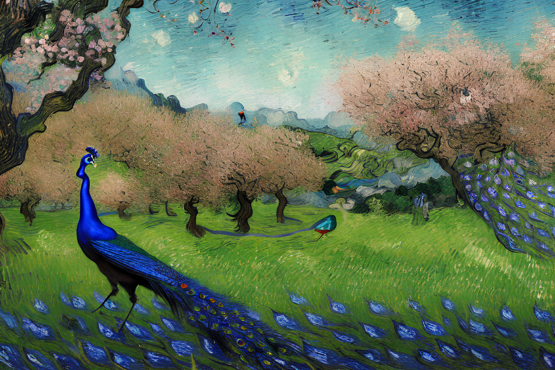 Colorful peacock in Van Gogh-style pastoral landscape with cherry trees.