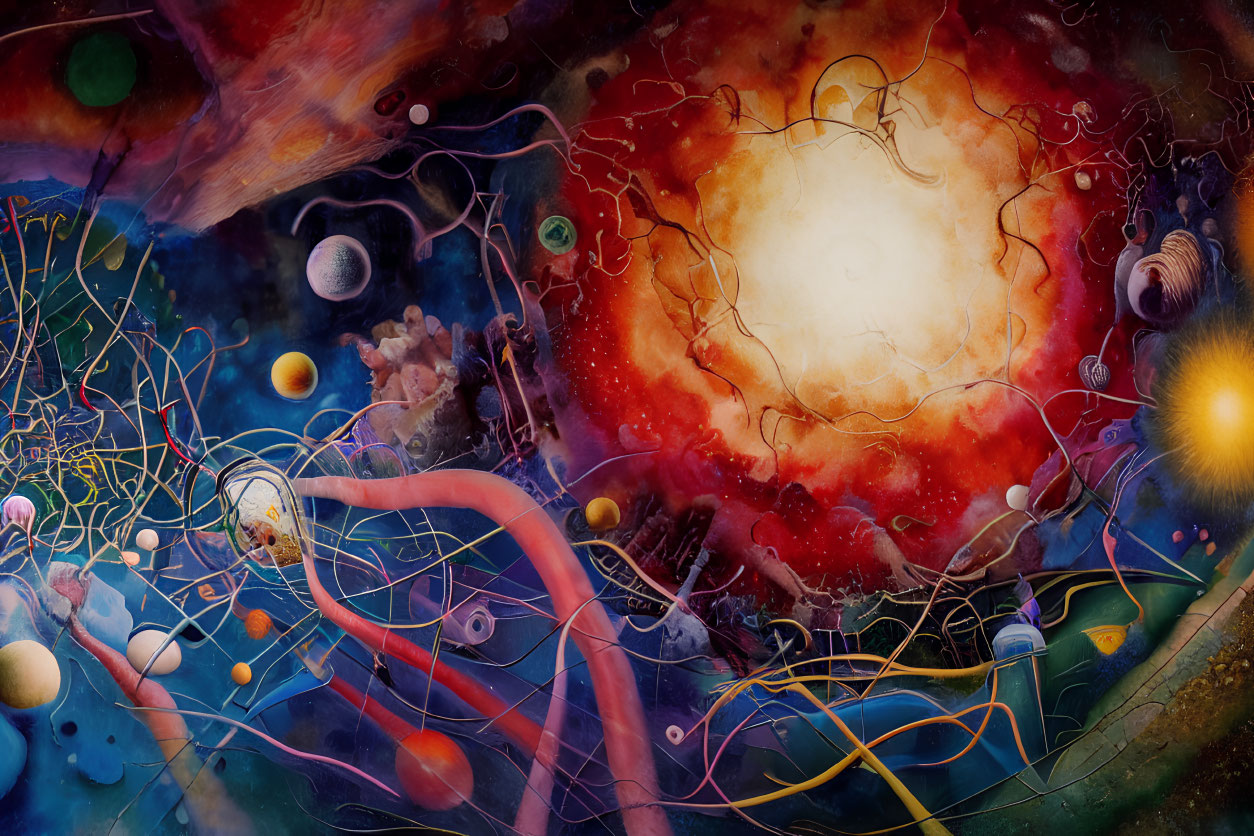 Colorful Abstract Painting of Cosmic Scene with Celestial Bodies and Glowing Orb