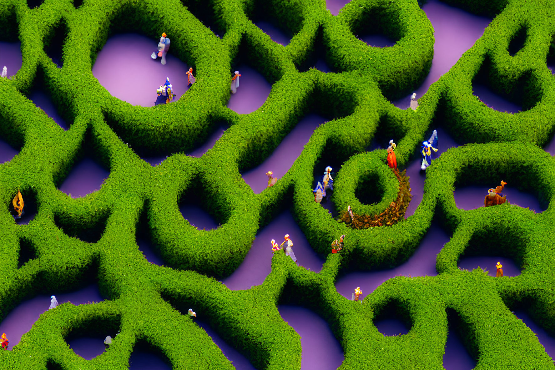 Green hedge maze with scattered people on purple background