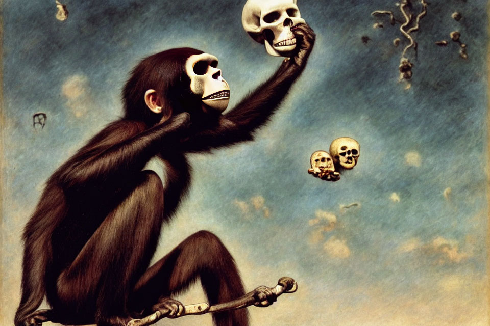 Surreal chimpanzee artwork with skull and bones in starry sky