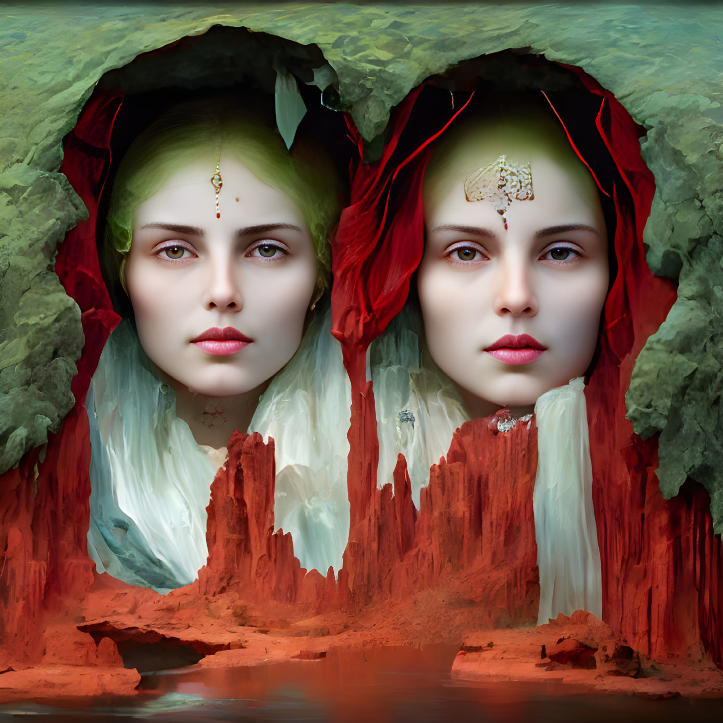 Twin female faces in surreal rocky landscape with water reflection