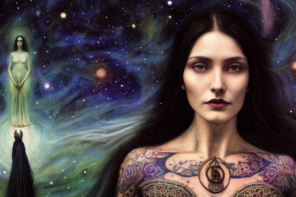 Dark-haired woman with ornate tattoos in cosmic scene with ghostly figure