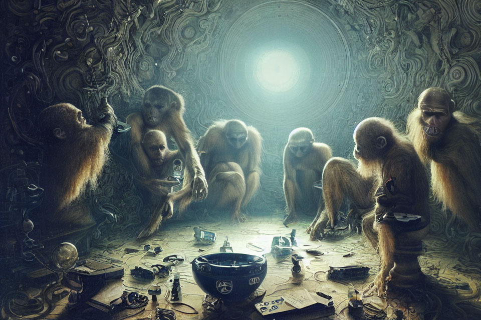 Monkeys contemplating scientific and mystical objects in illuminated room