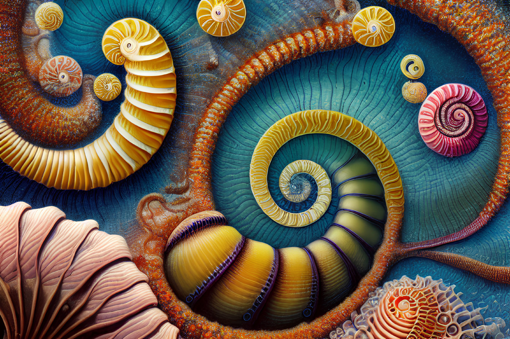 Colorful Sea Shells and Ammonite Fossils Illustration on Textured Blue Background