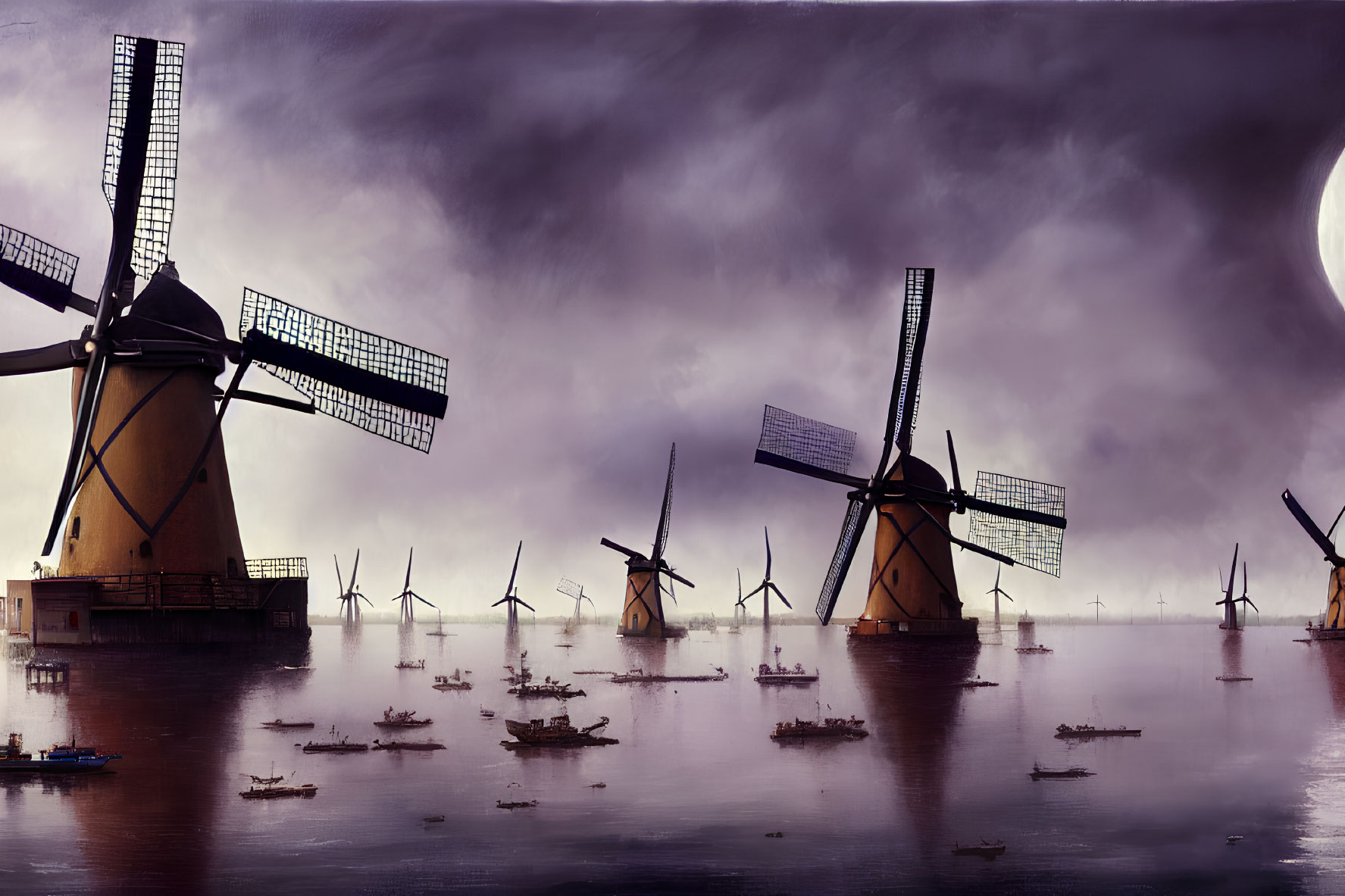 Windmills in flooded landscape with boats under dramatic sky and oversized moon
