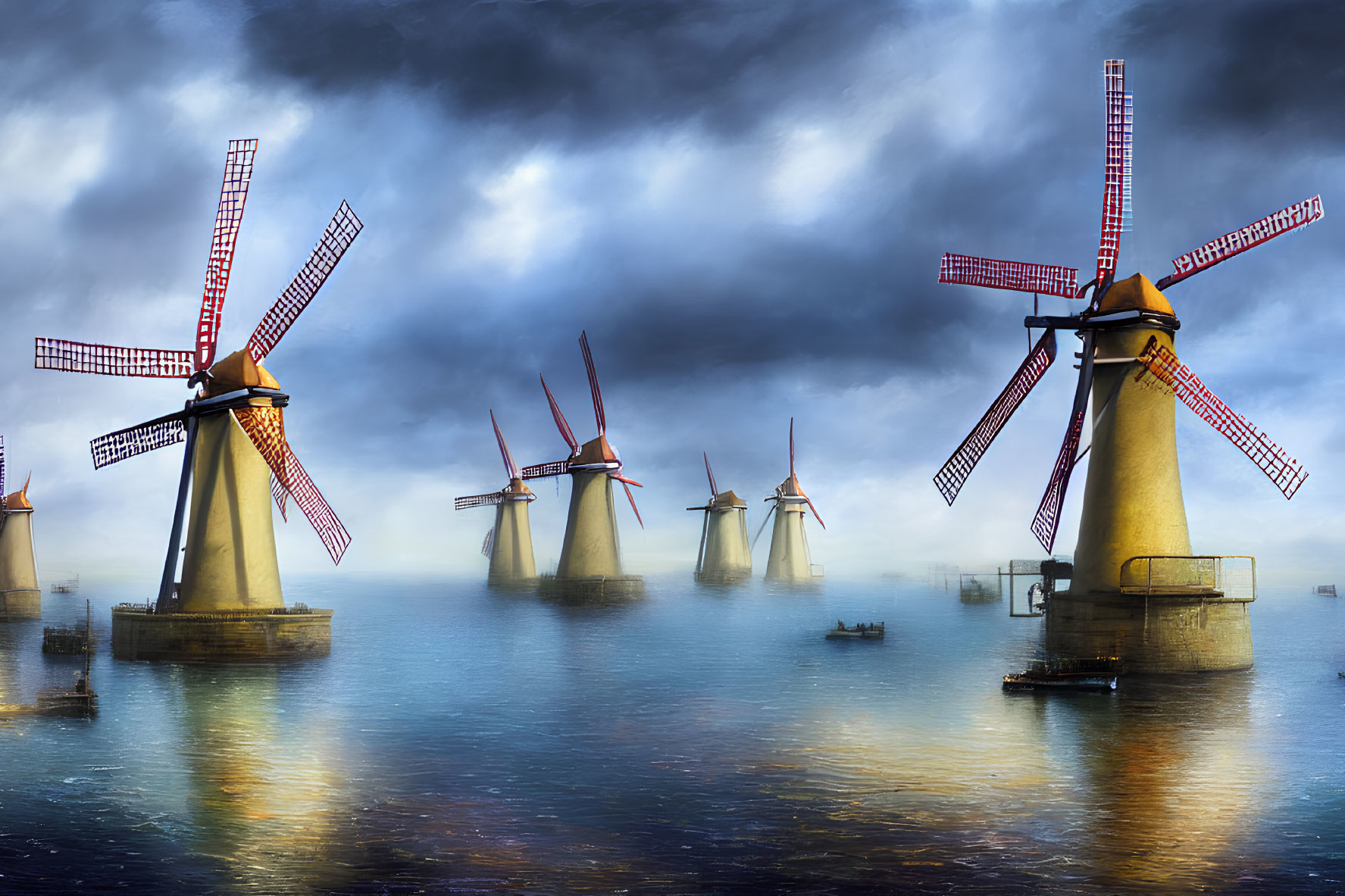 Traditional windmills with red vanes in misty landscape