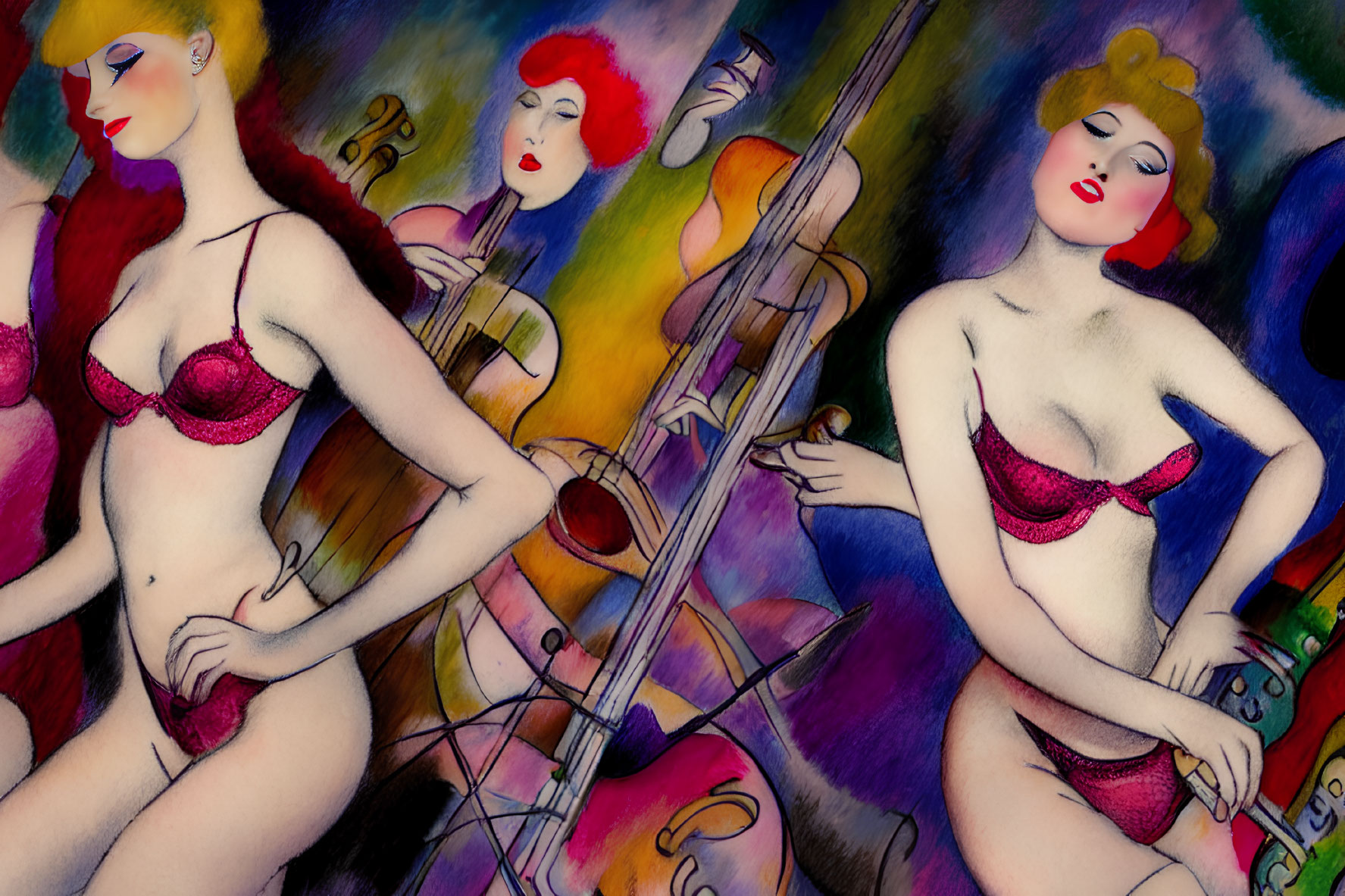 Vibrant illustration of three women in red lingerie playing string instruments