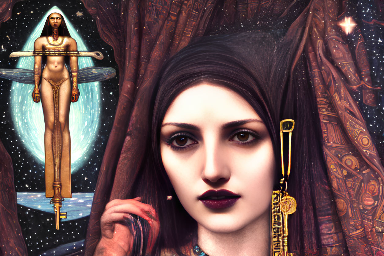 Fantastical image of woman, Egyptian figure, cosmic backdrop, symbols, and towering tree