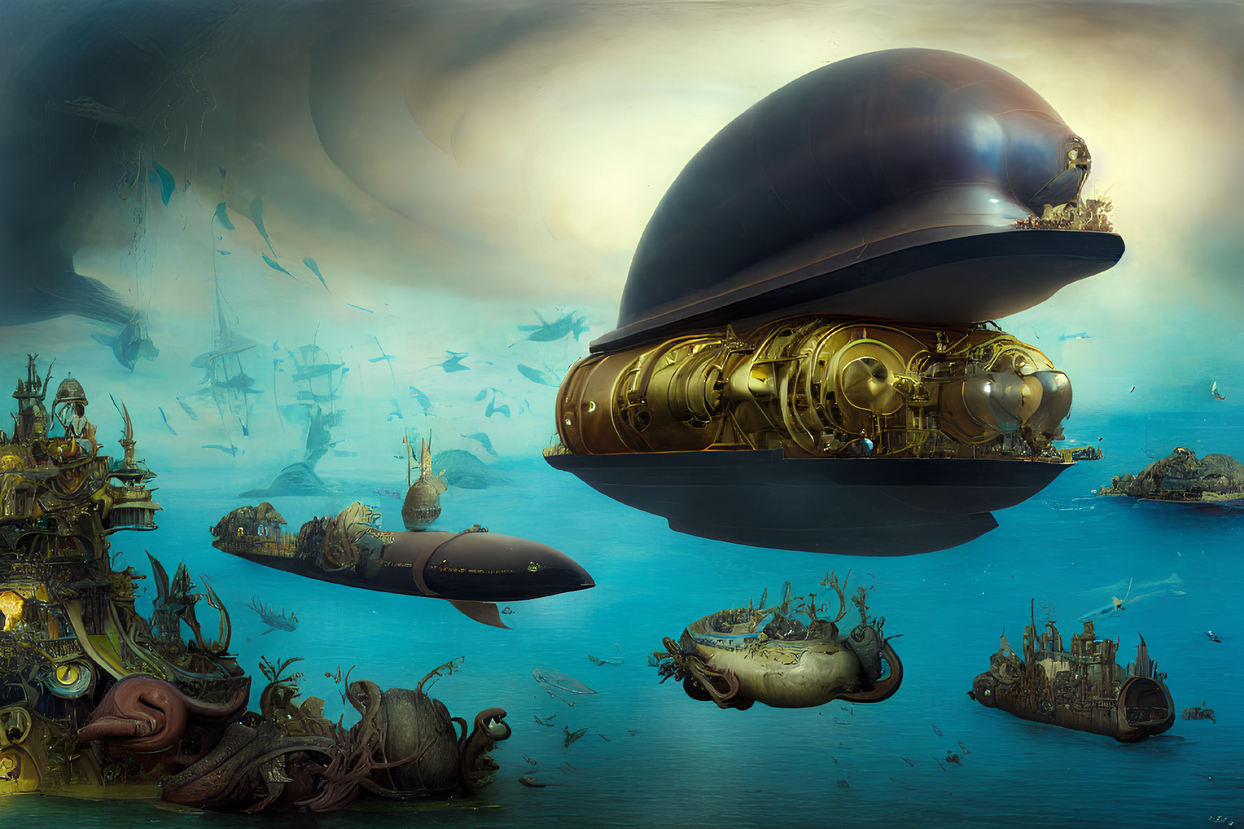 Surreal futuristic airship art with floating cities in dreamlike sky
