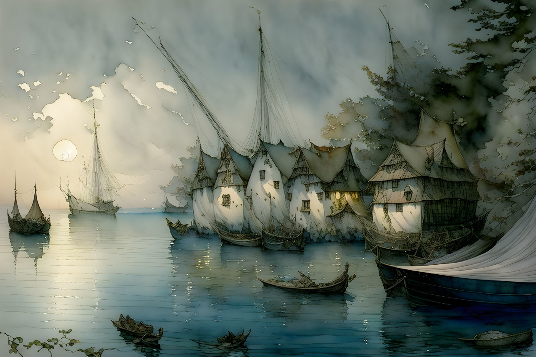 Surreal illustration: ships with house-like structures on calm waters at night