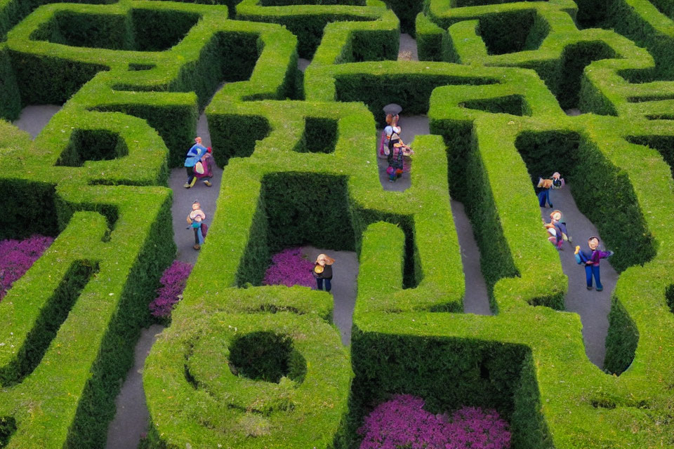 Lush Green Hedge Maze with Pink Flowers