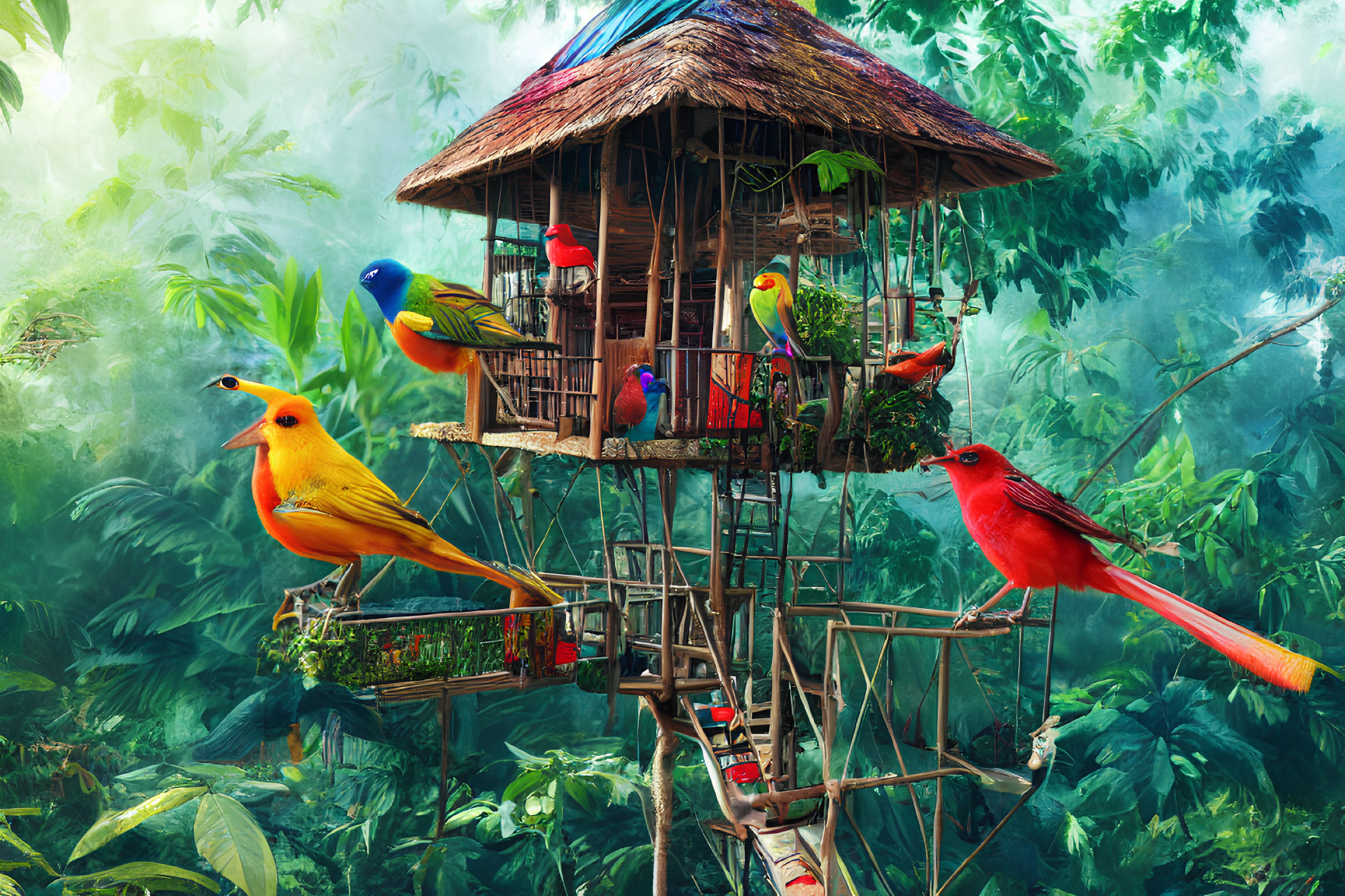 Vibrant Bamboo Treehouse with Oversized Birds in Lush Jungle